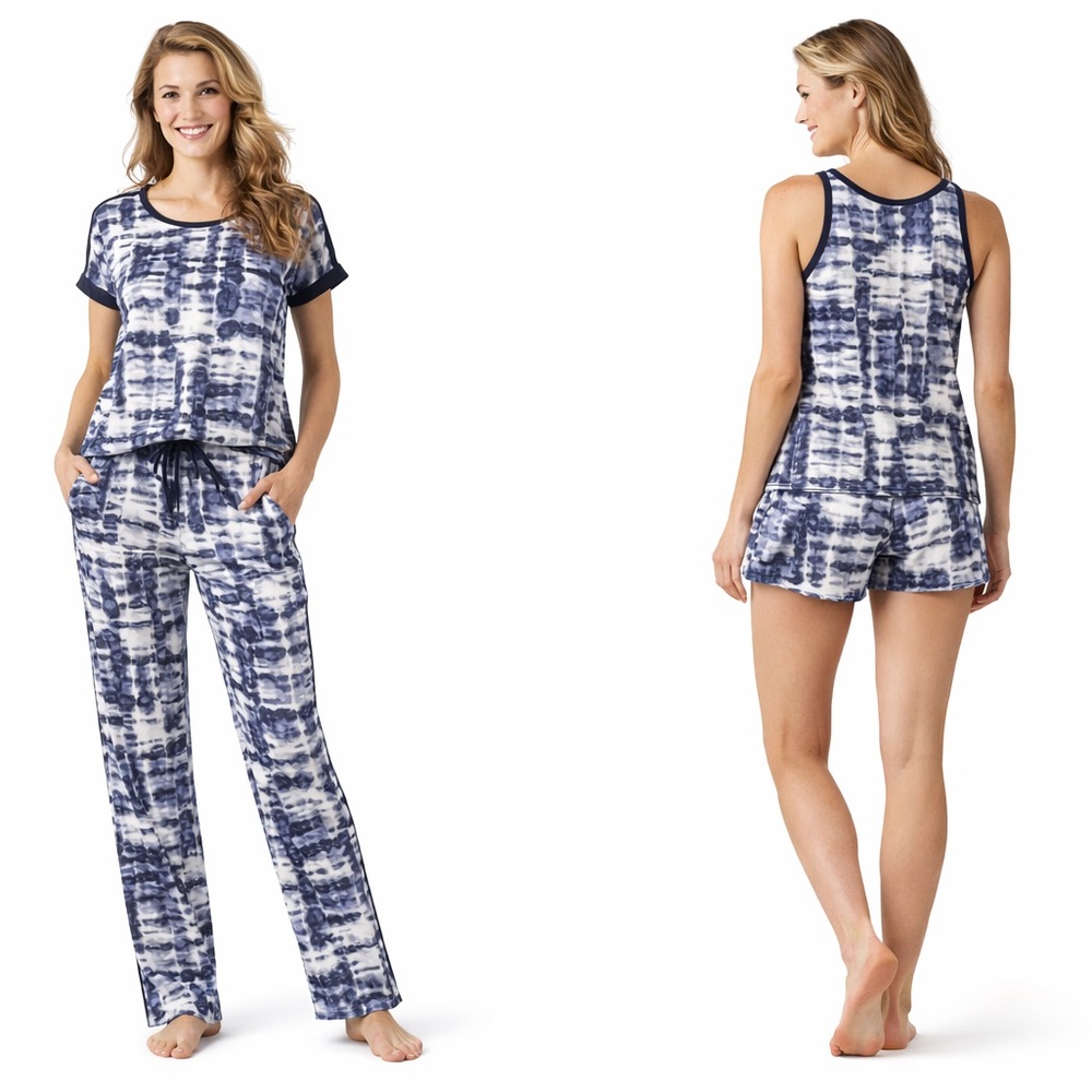 Lucky Brand 4-Piece Pajama Set Small Tie Dye Tee Tank Shorts Pants Blue‎ NWT